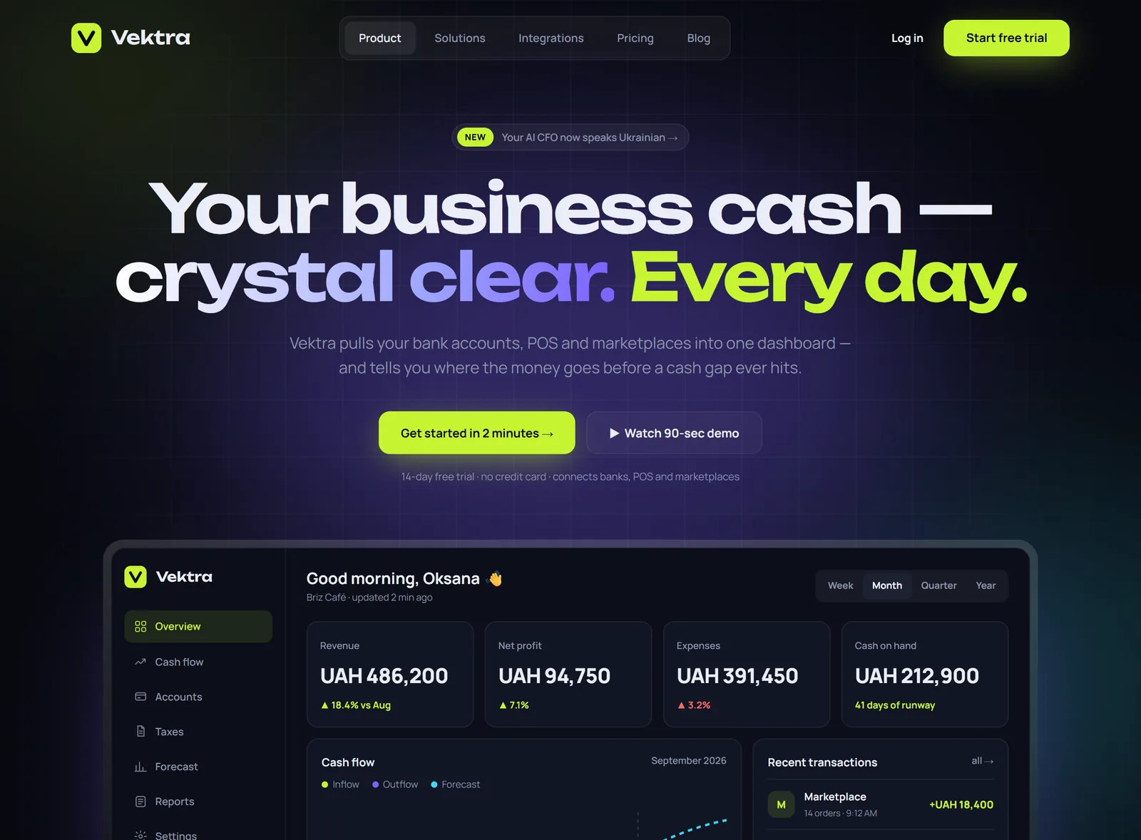 Vektra — SaaS landing page for small-business cash flow